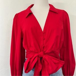 Anthropologie Cropped Maeve Red Poplin Shirt Top